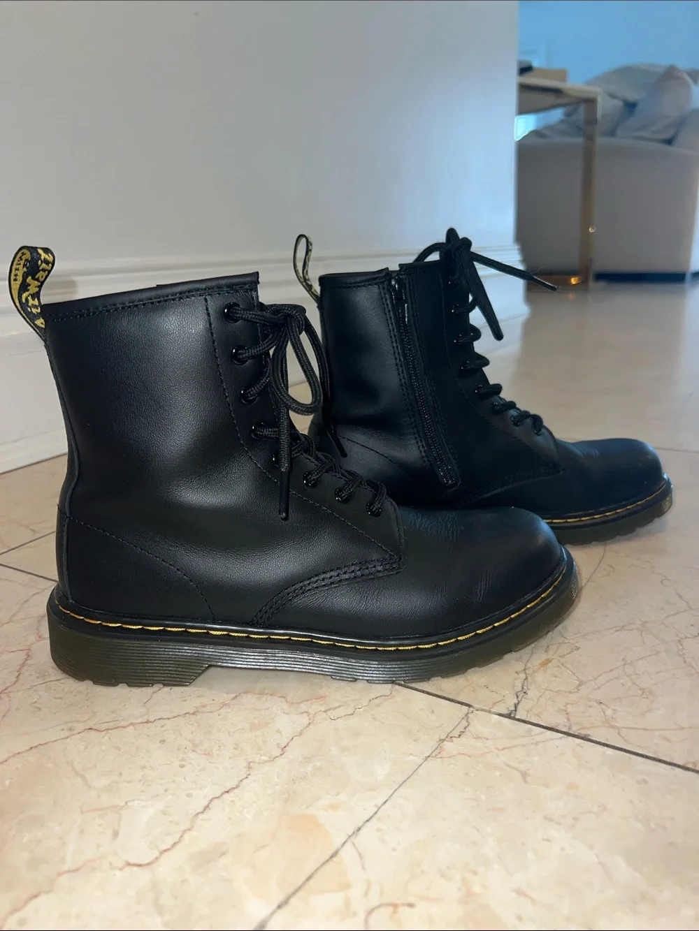 Dr. Martens Kids Black Leather Lace-Up Boots with Yellow Stitching